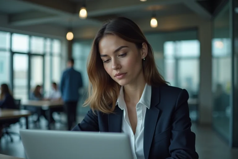 Femme professionnelle analysant un logiciel de communication sécurisée sur ordinateur portable dans un bureau moderne