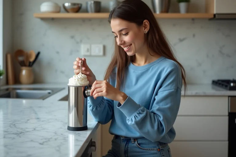 Jeune femme examine un embout de chantilly bouché dans la cuisine