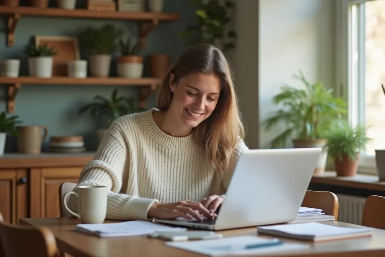 Femme détendue à la maison utilisant son ordinateur