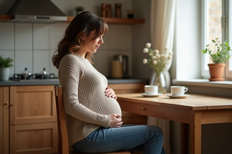 Femme enceinte assise à la maison contemplant son ventre