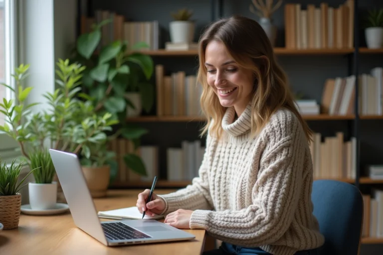Femme souriante en étude en ligne dans un bureau cosy