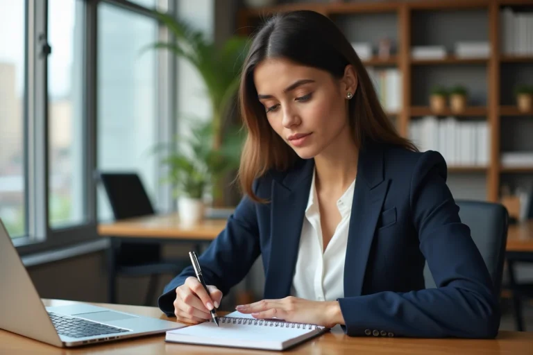Femme professionnelle prenant des notes lors d'une formation dans un espace de coworking moderne