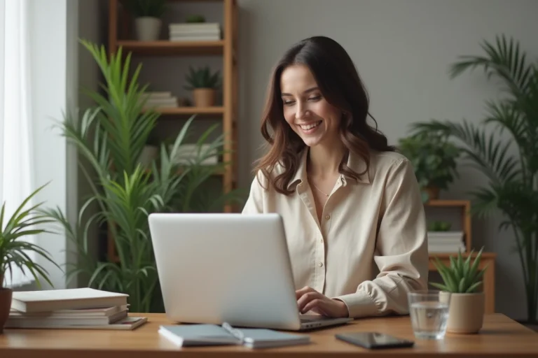 Jeune femme au bureau à domicile souriante et concentrée
