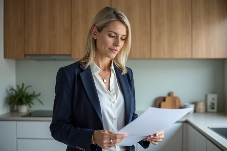 Femme d'âge moyen en blazer navy dans une cuisine moderne