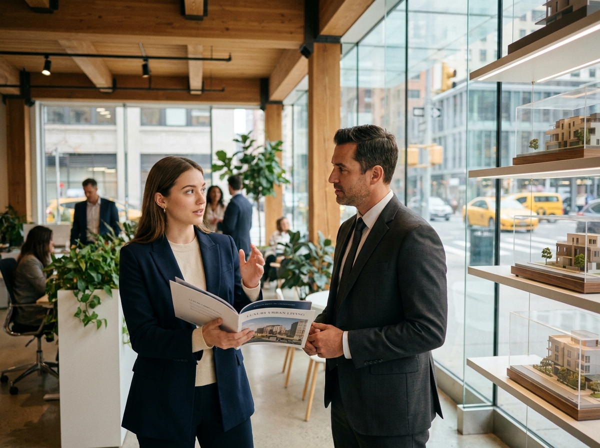 Femme professionnelle discutant de logement avec agent immobilier