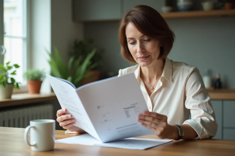 Femme d'âge moyen lisant brochures d'assurance à la maison
