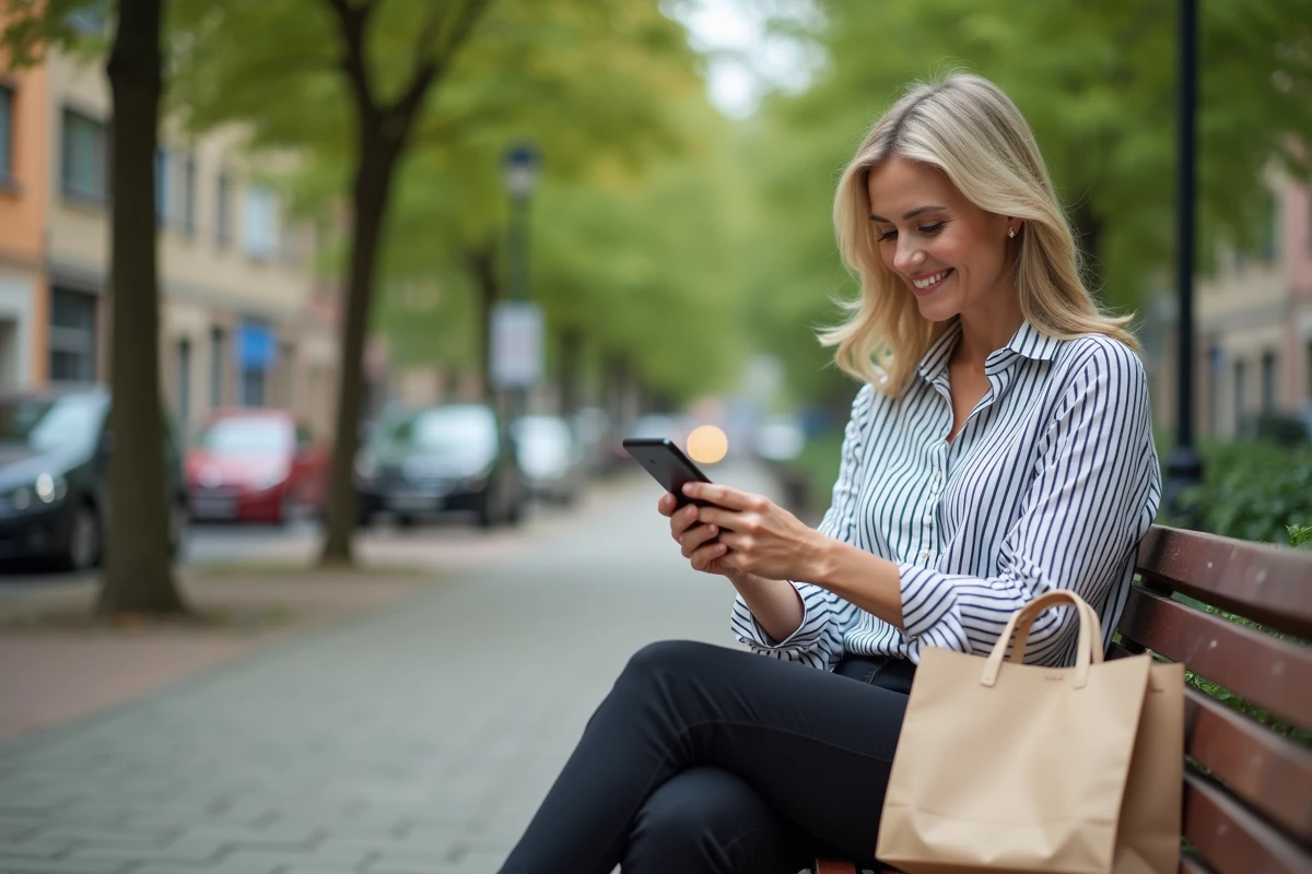 Maman moderne consulte son smartphone sur un banc de parc