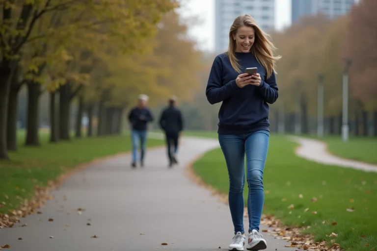 Femme marchant dans un parc urbain en comparant des applications GPS