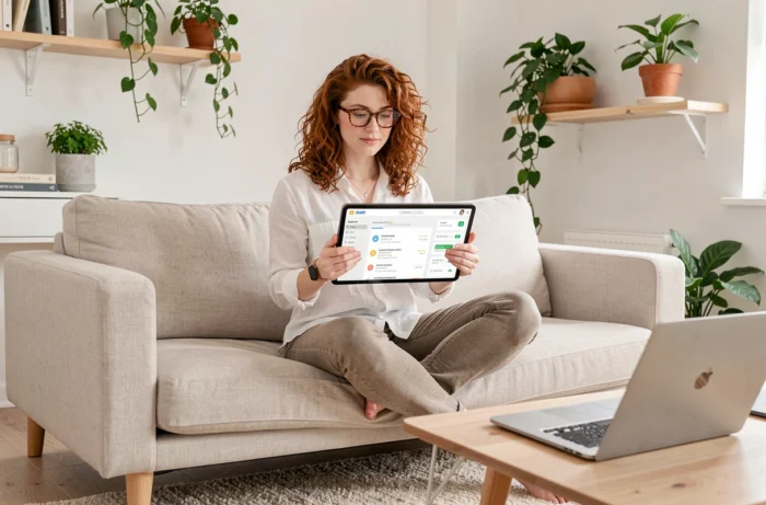 Jeune femme consultant les mises à jour d'un logiciel de script sur une tablette dans un appartement minimaliste