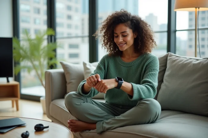 Femme analysant une montre connectée dernière génération dans un salon moderne avec accessoires technologiques