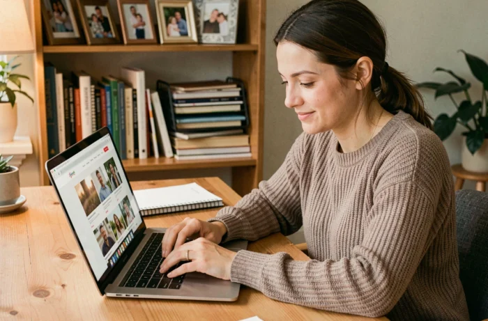Femme naviguant sur un site bien organisé depuis son bureau à domicile, illustrant la facilité de navigation sur un blog familial