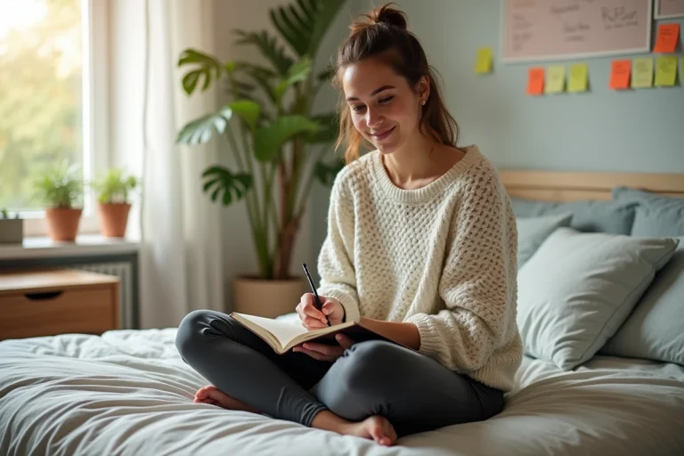 Jeune femme écrivant des notes motivantes dans un journal