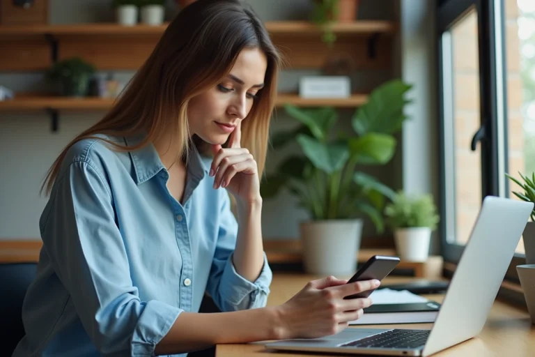 Femme concentrée sur son smartphone dans un bureau moderne