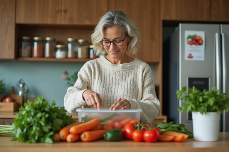 Femme d'âge moyen organise légumes frais dans des contenants réutilisables
