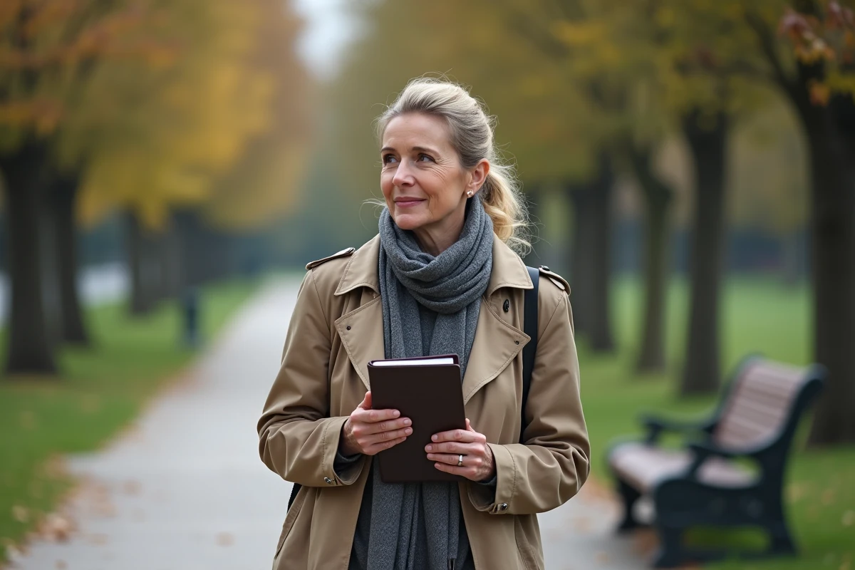 Femme marche dans un parc urbain avec un carnet