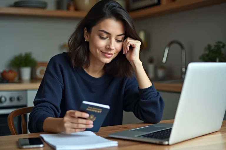 Femme avec passeport et ordinateur dans la cuisine