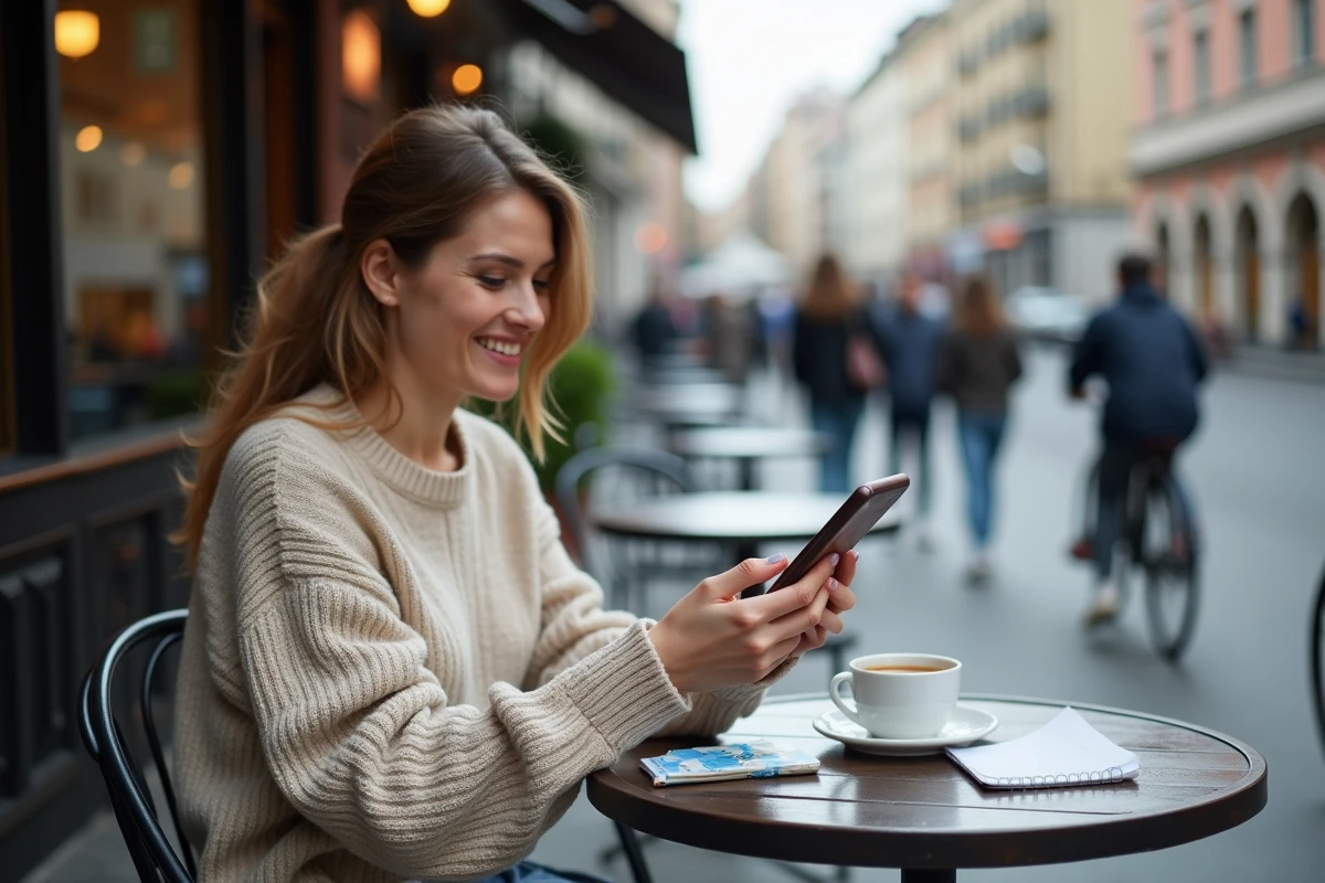 Femme souriante pariant sur smartphone dans un café urbain
