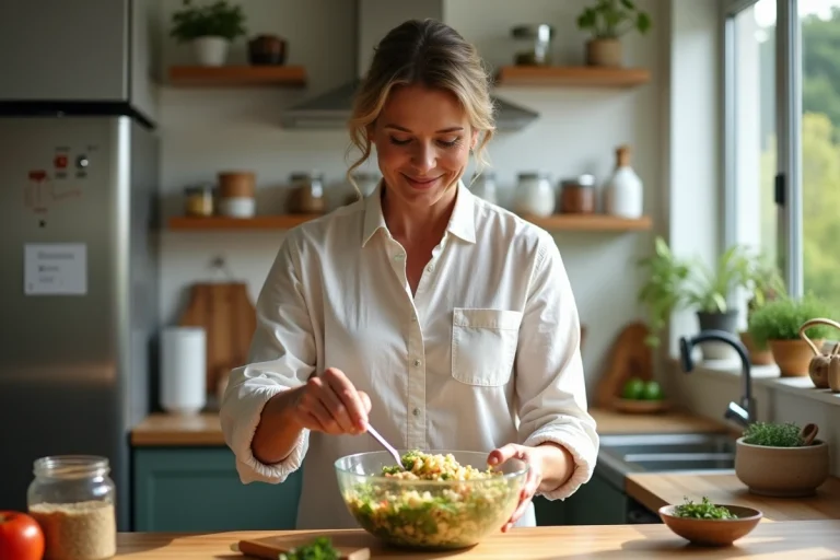 Femme préparant un taboulé maison dans la cuisine