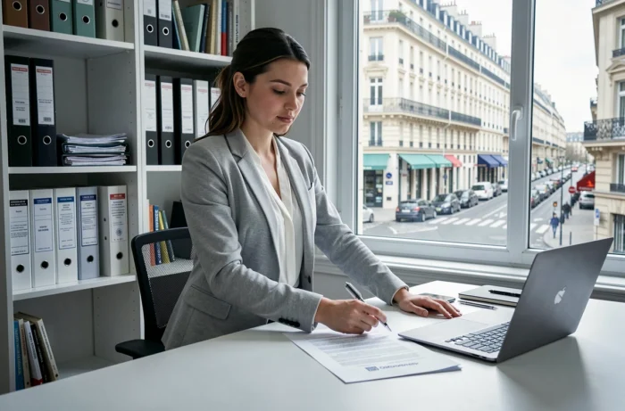 Une jeune femme professionnelle pointe un document juridique d'hébergement dans un bureau à domicile moderne avec vue sur une rue parisienne