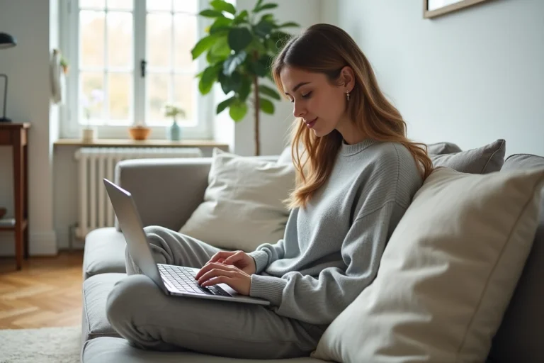 Femme cherchant des annonces immobilières en ligne sur un ordinateur portable dans un salon moderne