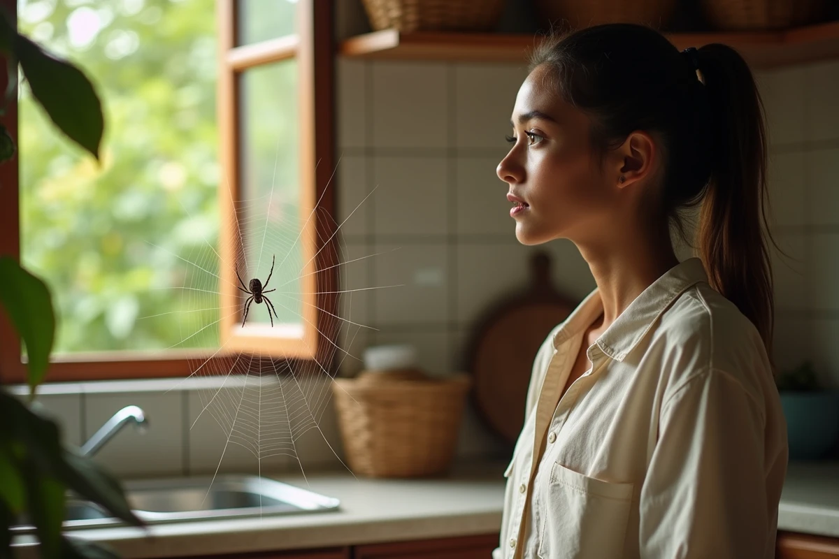 Jeune femme réunionnaise inspecte sa toile d araignée dans la cuisine