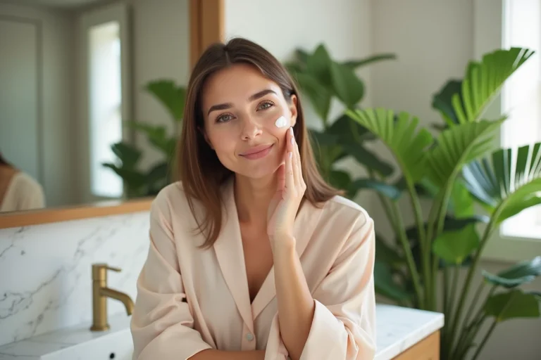 Femme appliquant une creme visage dans une salle de bain lumineuse