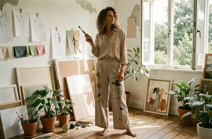 Femme créative en studio artistique maison entourée de toiles et plantes, style de vie libre et inspirant