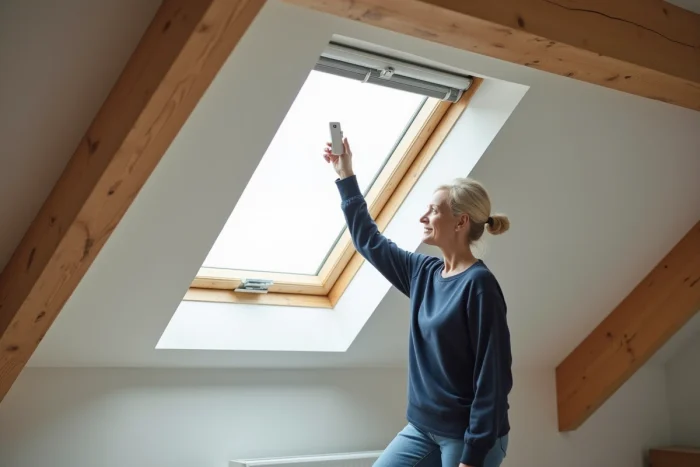 Femme réinitialisant une télécommande Velux sous une fenêtre de toit avec volet roulant motorisé dans un grenier aménagé