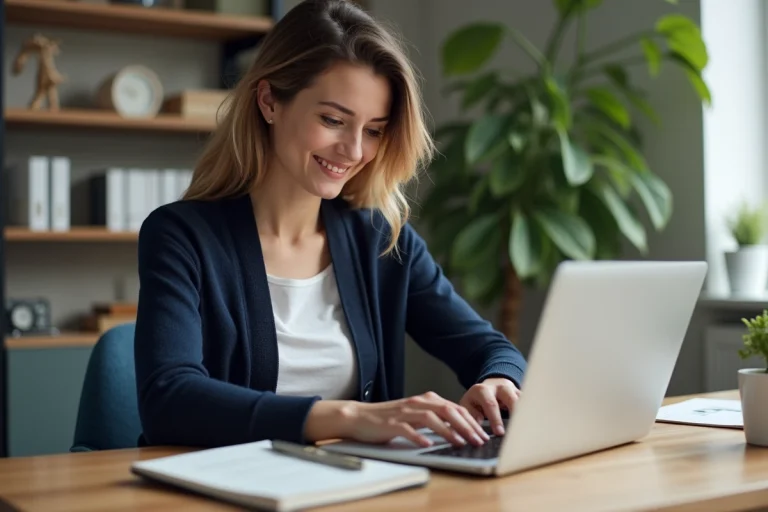 Femme travaillant sur un ordinateur dans un bureau à domicile