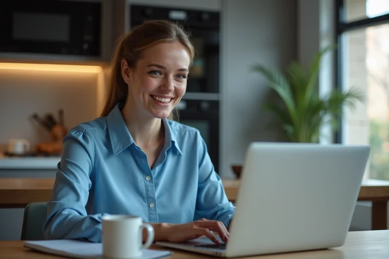 Jeune femme professionnelle utilisant un ordinateur à la maison