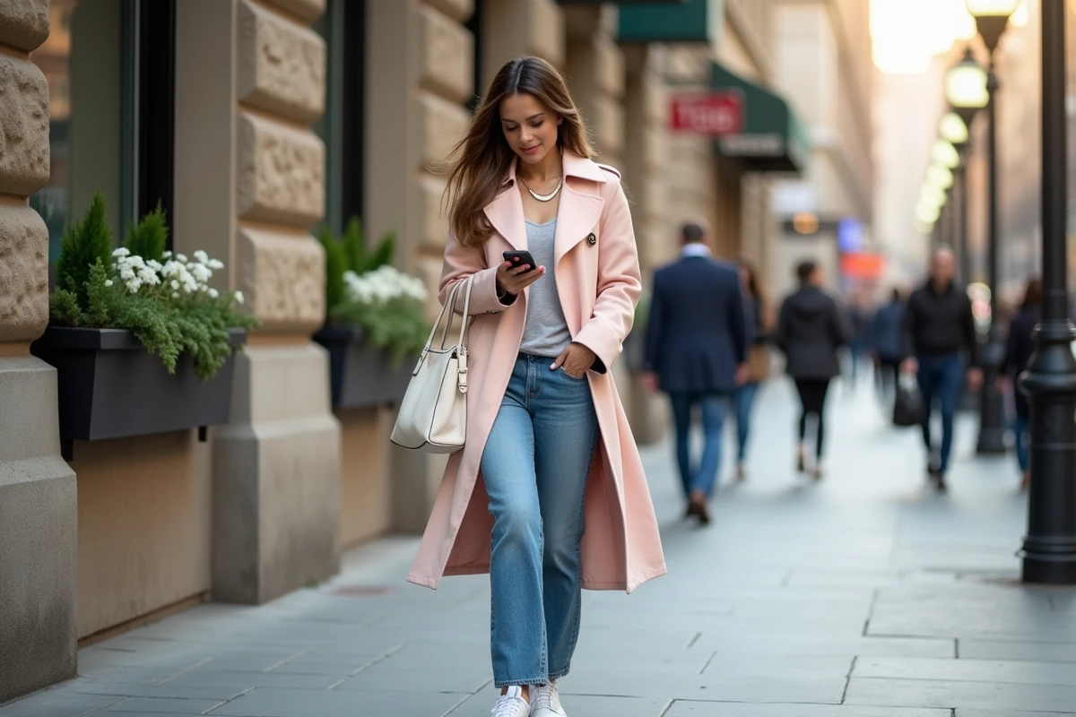 Femme en trench pastel marchant en ville dynamique
