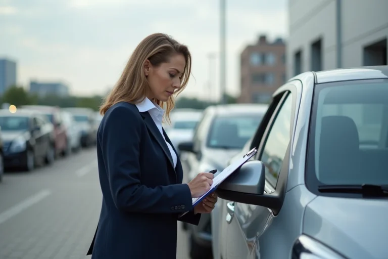 Femme d affaires inspectant une voiture dans un concessionnaire
