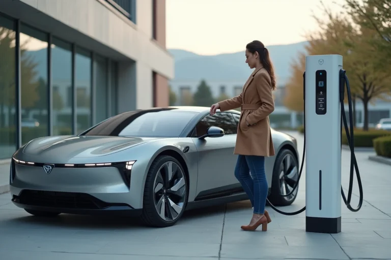 Femme élégante inspectant une voiture électrique urbaine