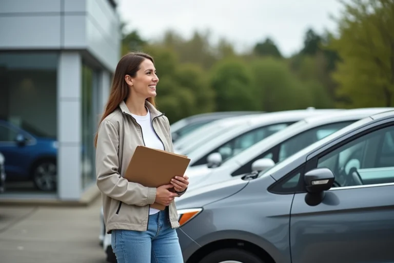 Femme souriante à côté d'une voiture d'occasion
