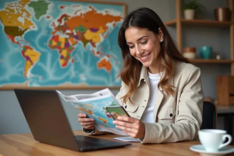 Femme souriante avec brochure voyage et smartphone