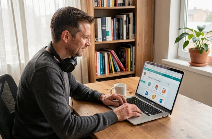 Homme en télétravail suivant une formation en ligne depuis son bureau à domicile