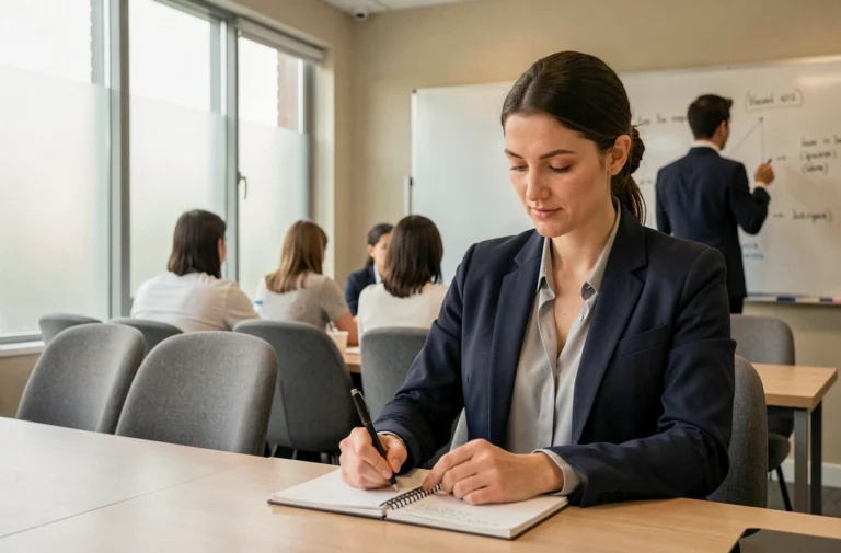 Femme professionnelle prenant des notes lors d'une formation en salle à Paris