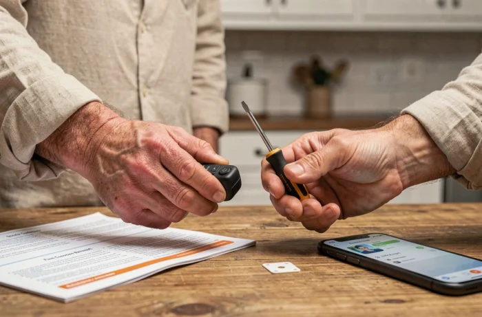 Gros plan sur des mains tenant un interrupteur sans fil et un tournevis avec notice et smartphone sur un plan de travail en bois
