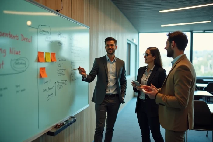 Groupe de professionnels participant à un atelier de formation collaborative avec tableau blanc