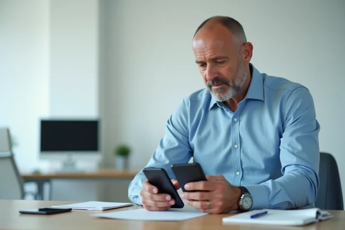 Homme d'affaires comparant deux offres de forfait bloqué téléphone portable au bureau