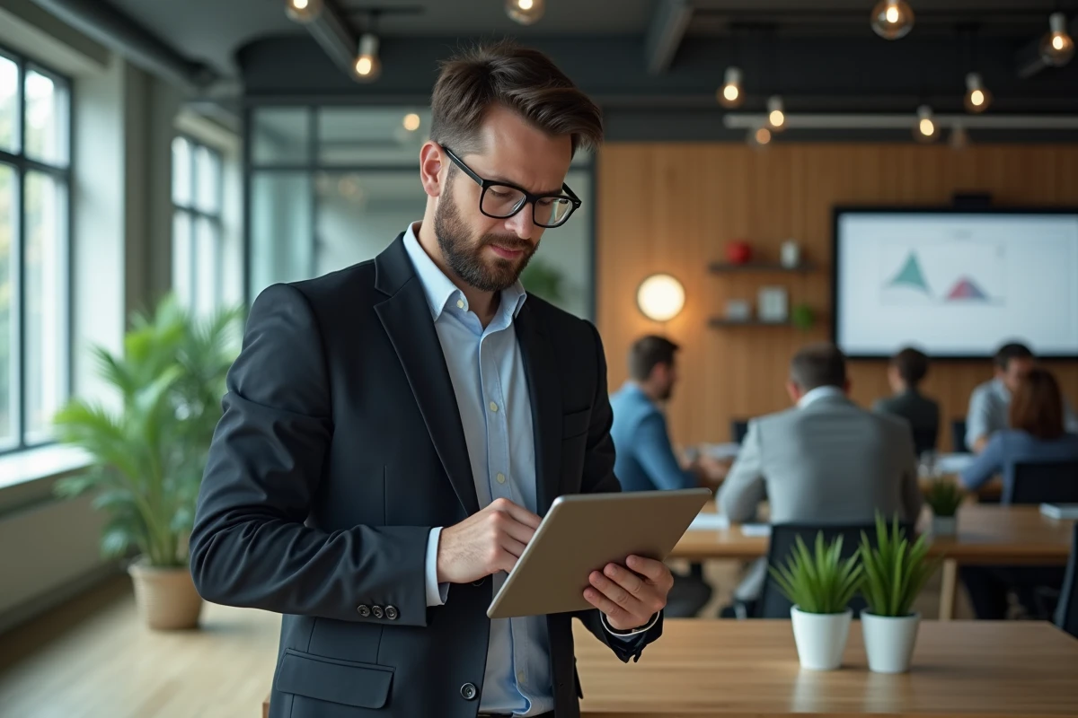 Homme en blazer mettant à jour son profil sur une tablette au bureau