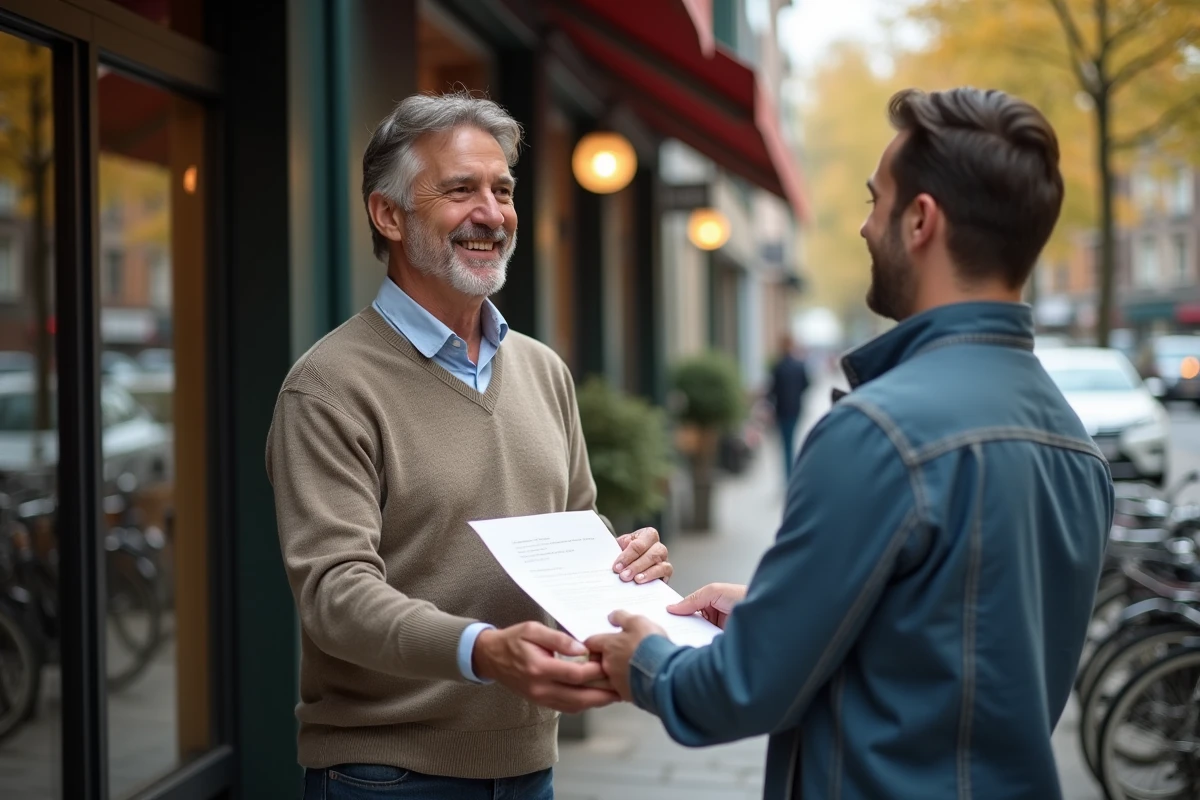 Homme souriant échangeant un document signé devant un café