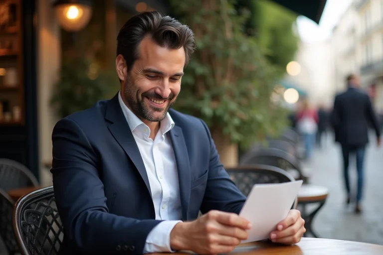 Homme souriant lisant une lettre dans un café parisien