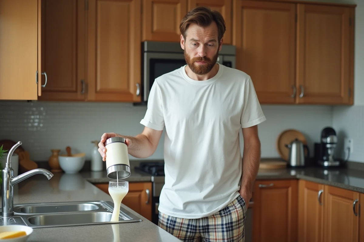 Homme perplexe avec une bombe de chantilly à l
