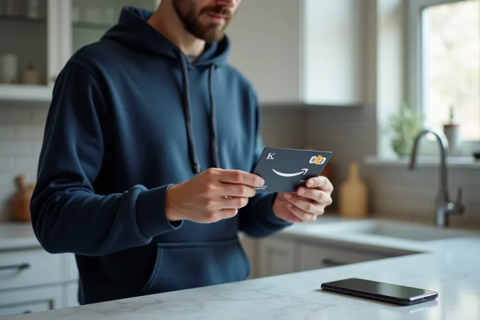 Homme consultant le code de sa carte Kadéos avant de finaliser un paiement sur Amazon depuis son smartphone