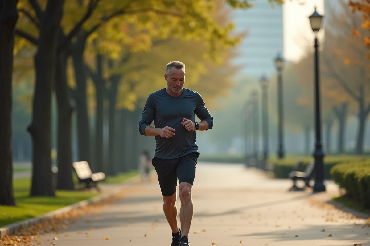 Homme courant dans un parc en matinée avec montre connectée