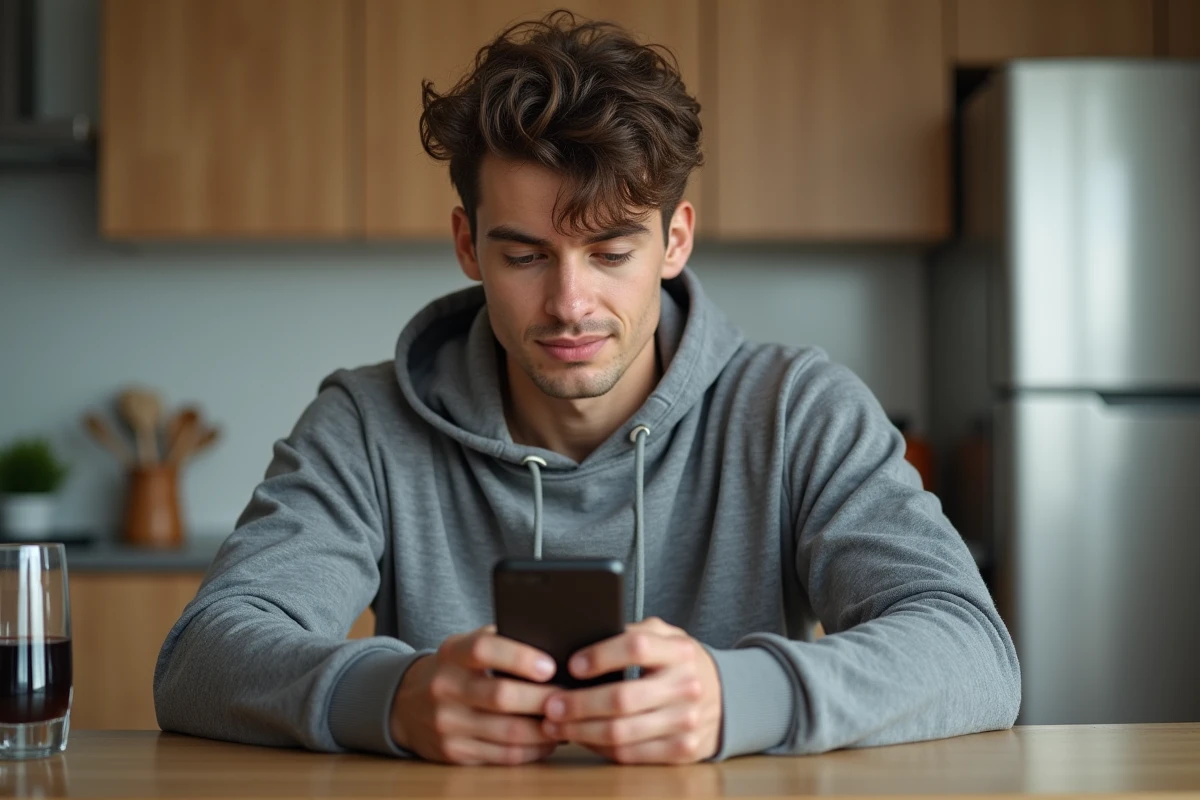 Jeune homme utilisant une application GPS sur son smartphone en cuisine