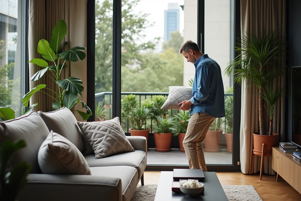 Homme posant un coussin géométrique sur un canapé en velours