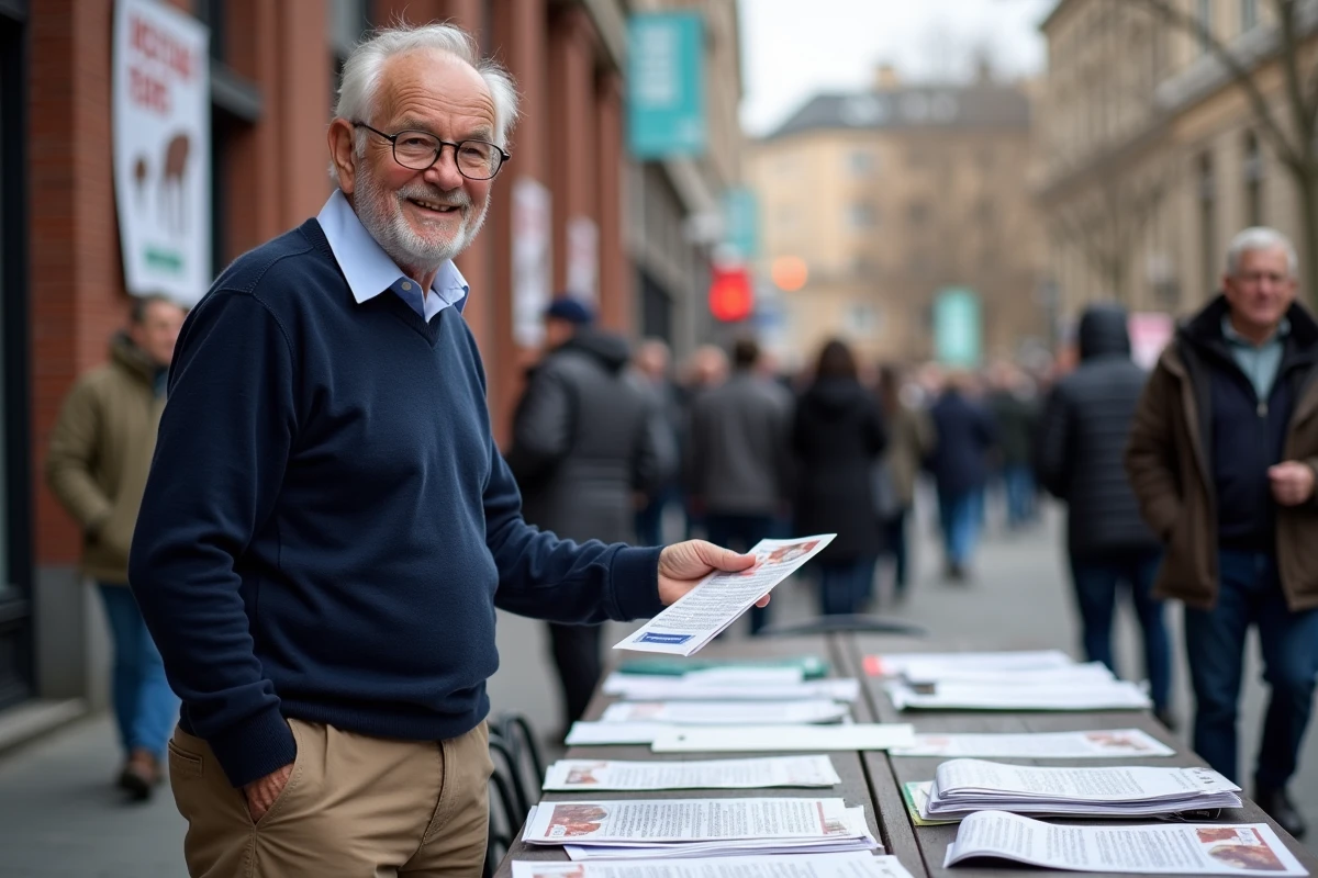 Homme distribuant des flyers sur la protection animale en ville