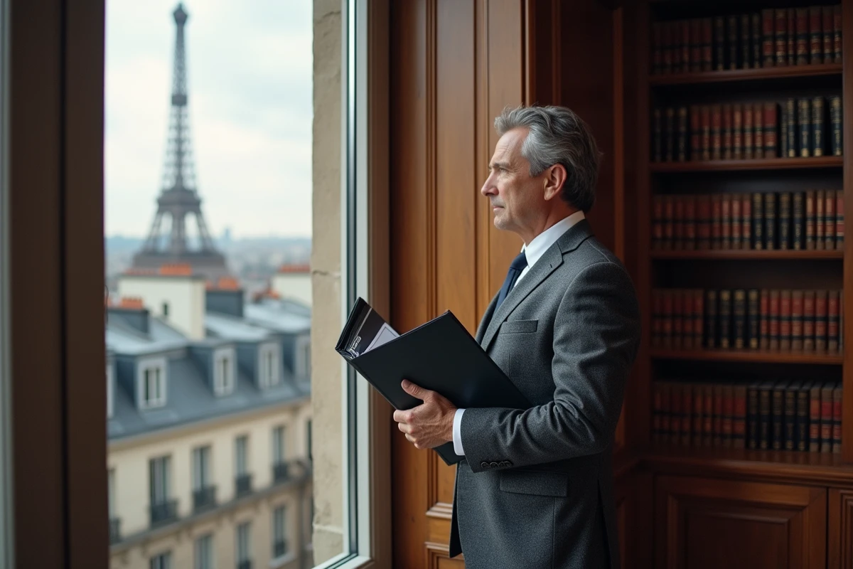Avocat dans un bureau avec vue sur Paris et la Tour Eiffel